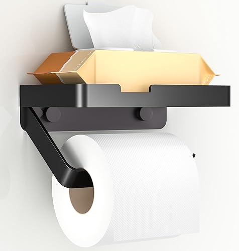 Porta Carta Igienica con Mensola, Portarotolo da Muro con 3 Tipi di Installazione [Viti Adesive Senza Foratura, Adesivo, Fissaggio con Viti], Accessorio per Bagno e Cucina, Nero Opaco - Honorern