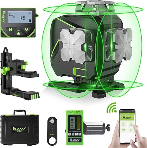 Huepar Livella Laser Autolivellante a 16 Linee Laser a Linea Trasversale 4x360° con Ricevitore - Schermo LCD, Laser per Pavimento per Piastrelle a Raggio Verde Bluetooth 4D - Honorern