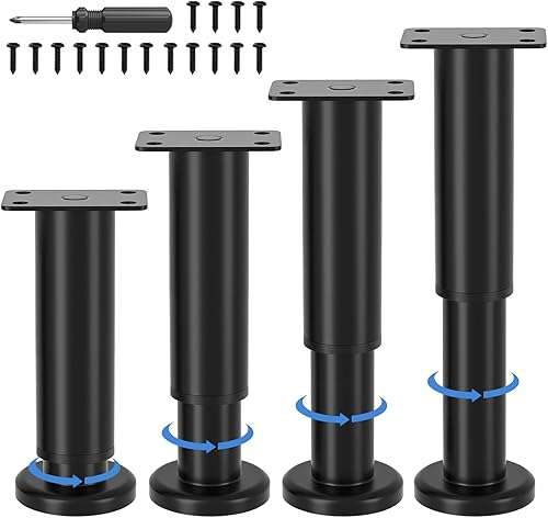 4 Pezzi Gambe per Mobili, Piedini per Mobili Regolabili in Altezza 18-32cm, Piedini di Supporto in Metallo Nero, Gambe per Mobili per Mobile TV, Letto, Divano, Comodino, Mobiletto del Bagno - Honorern