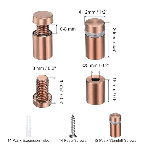 QUARKZMAN 12pz 1/2' x 4/5' Viti Supporto Acciaio Inossidabile Kit Hardware per Montaggio a Parete per Segni con 14pz Viti per Appendere Segni Vetro Acrilico Targhe Pubblicitarie, Oro Rosa - Honorern