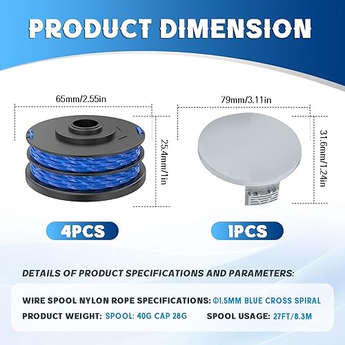 4 Bobine Filo Tagliabordi compatibile con Ryobi RAC123, bobina di filo di ricambio per RLT4027, RLT4125, RLT5027, RLT6030, RLT5127,Ø 1,5 mm 8,3m,con copertura bobina RAC122(4 bobine +1 tappo) - Honorern
