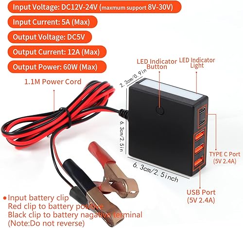 Convertitore DC con clip per batteria, 12 V 24 V a 5 V 12 A, USB convertitore Buck Regulator, uscita totale 60 W, con luce di emergenza LED, 3 porte USB + 2 porte di tipo C, identifica automaticamente - Honorern