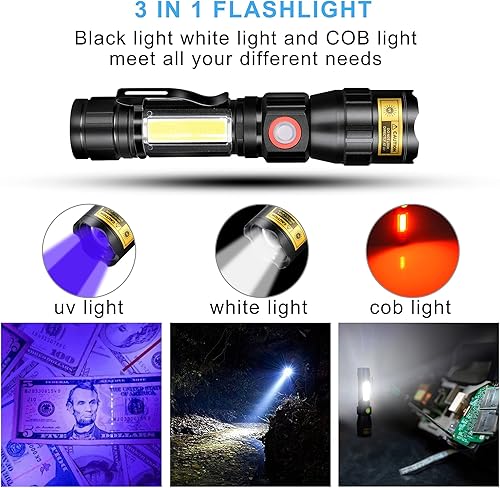 DARKBEAM Torcia UV 365nm USB Ricaricabile, con luce rossa, Base Magnetica Compresa, Alta luminosità COB LED Regolabile Portatile per Urina Gatto, Anti-Contraffazione/Fluorescente/Resina - Honorern