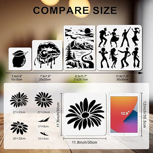 4 stencil grandi margherite riutilizzabili con fiori primaverili per pittura 29,7 x 21/30 x 30 cm, modelli artistici con pennello per finestra, legno, decorazione regalo per la casa - Honorern