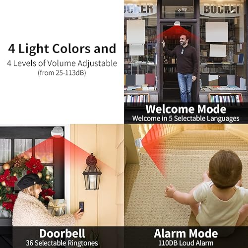 NineLeaf Rilevatore di passaggio radio a infrarossi, rilevatore di passaggio, porta di ricarica, campanello per porta, sensore di movimento, con 32 diverse melodie per business, hotel, casa, uffici - Honorern