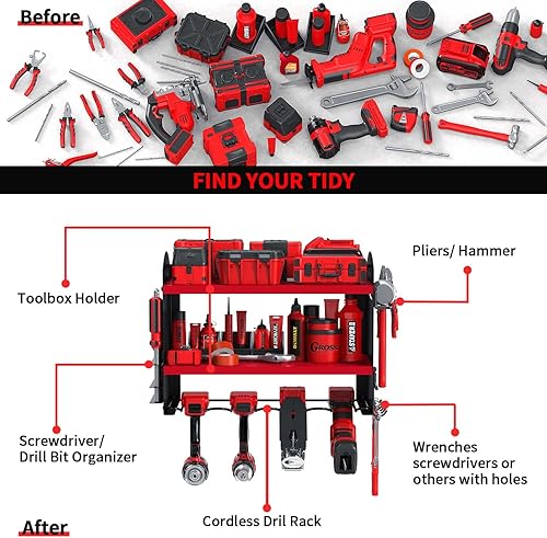 Power Tool Organizer per trapano, stazione di ricarica per 4 utensili per trapano elettrico, resistente, da parete, per garage, casa, officina (rosso) - Honorern