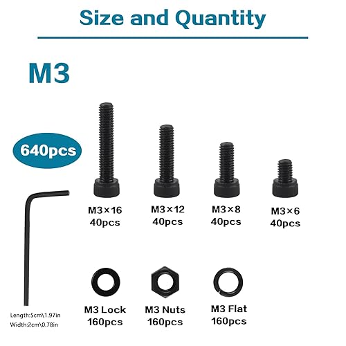 Set di 641 viti M3, dadi filettati e rondelle, viti a testa cilindrica con viti a esagono incassato, set di viti per macchine, colore nero, con chiave inglese - Honorern