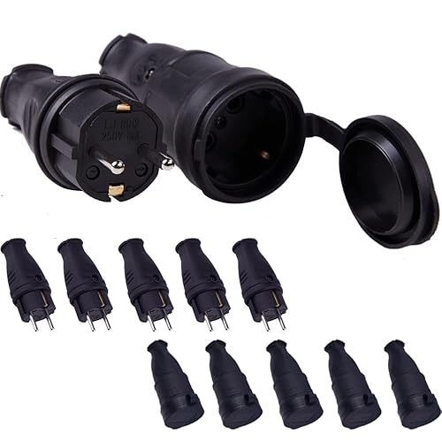 Set di 5 Spina e 5 Presa Professionale Schuko, Protezione IP44, 250V 16A, con Ghiera di Bloccaggio Cavo per Facilitare il Cablaggio, Presa Volante in Gomma Ergonomica, 0,5 – 3 cm², 4000W - Honorern