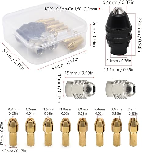 Set di pinze per trapano 1/32' a 1/8' Mandrino Per Trapano con Scatola, Adattatore Testa Mandrino per Accessori Utensili Rotanti (11 Pezzi) - Honorern