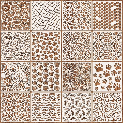 16 Pezzi Pittura Stencil Set Ragnatele,Kit Stencil Disegno Impronte,Stencil Modelli di Pittura Struttura per Tegola Legna Tela Pavimento Parete Mobili Decorazioni 5 Pollici - Honorern