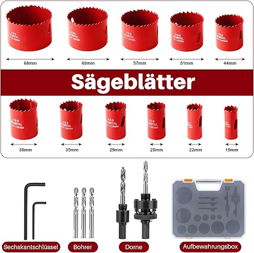 Sega a Tazza Bi-metallica, Meinraum 19 PCS Frese a Tazza per Metallo con 11 Lame da 19-68mm, Seghe a Tazza per Alluminio, Legno, Pannelli in PVC, Pannelli in Plastica e Metallo - Honorern