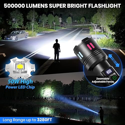 Torcia LED Potente Professionale 500000 Lumens, Torcia LED Ricaricabile USB, Torce LED Alta Potenza Ricaricabili 5000mAh, Zoomabile IPX7 Torcia Militare per Campeggio Emergenza Trekking - Honorern