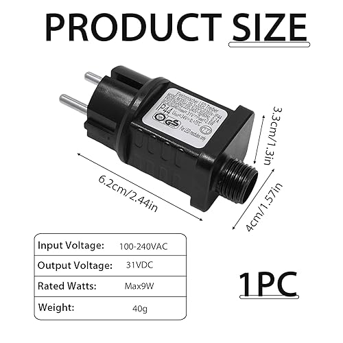 Trasformatore per Luci a LED, Trasformatore 31V, Adattatore per Luci a LED, IP44, 100-240V AC, 50/60Hz, 300mA, Max9W, Protezione da Cortocircuito, Spina Intermittenza Trasformatore Luci Natale - Honorern