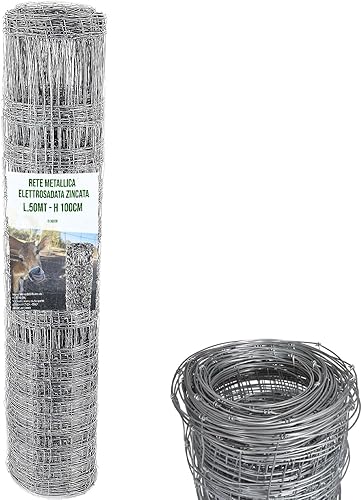 Rete Metallica Zincata da 50 m per Recinzioni Esterne Ideale per Pascoli Orto Giardino Pecore Ovini e Piante 3 Tipi di Maglie Colore Grigio (120 Cm) - Honorern
