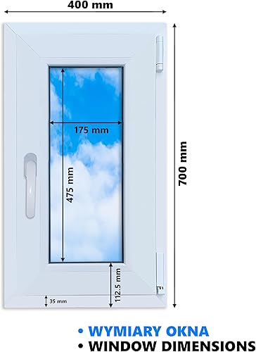 Finestra in PVC bianca 400x700 mm, DIN destra, ribaltabile e a sporgere, vetro doppio, a risparmio energetico – Finestra con certificazione CE per cantina e abitazione - Honorern