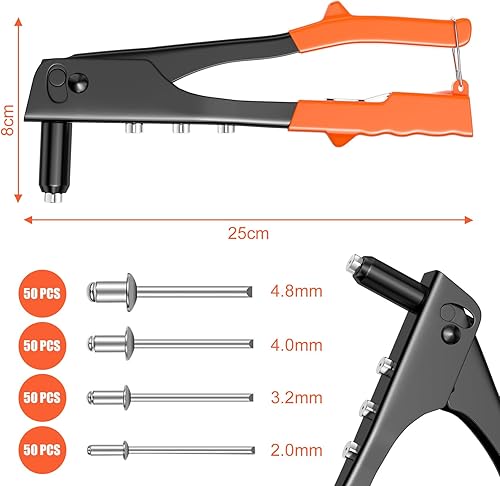 Rivettatrice Manuale, Rivettatrices Professionales per Rivetti, Kit Pistola a Rivetti 4 Teste, Spararivetti, Set di Pinze per Rivettis, Contiene 200 Pezzi di Rivetti e 4 Punte da Trapano - Honorern