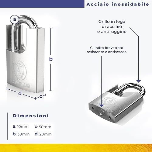 SDL/50 [Anti-ruggine] Lucchetto blindato esterni impermeabile - [grillo antitaglio alta sicurezza] - ideale per serratura cancello, capanno o container - Honorern