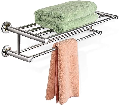 COSTWAY Portasciugamani da Bagno, Porta Asciugamani da Parete, Mensola a 2 Ripiani in Acciaio Inossidabile, Resistente alla Ruggine e alla Corrosione, 61 x 23 x 15 cm - Honorern