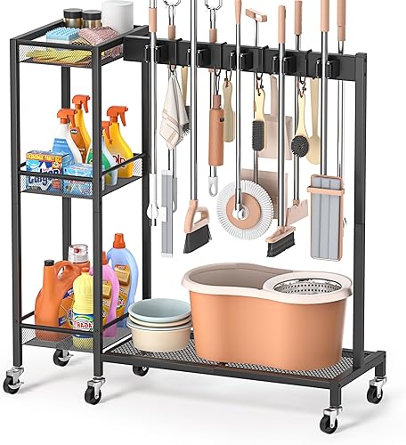 Porta Scope e Organizzatore per Prodotti di Pulizia – Soluzioni di Stoccaggio per Lavanderia e Ripostiglio con Supporto per Attrezzi, Porta Spazzole, Ganci, Griglie per Mop, Carrello per Pulizie - Honorern