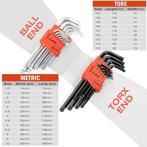 Meiwaltee 22 Pezzi Set di Chiavi a Brugola, Metriche Chiavi Esagonali con Testa a Sfera 1,5-10mm e T10-T50 Estremità Cava Torx Stella Chiavi Per DIY Auto e Biciclette Riparazione-Acciaio Cr-V - Honorern