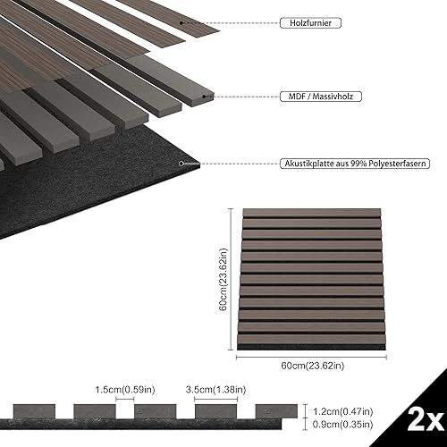 Set di 4 pannelli acustici in legno 3D, da parete, in vero legno di quercia, in feltro acustico, 120 x 60 cm, pannelli acustici, per corridoio, soggiorno, ufficio, antracite - Honorern