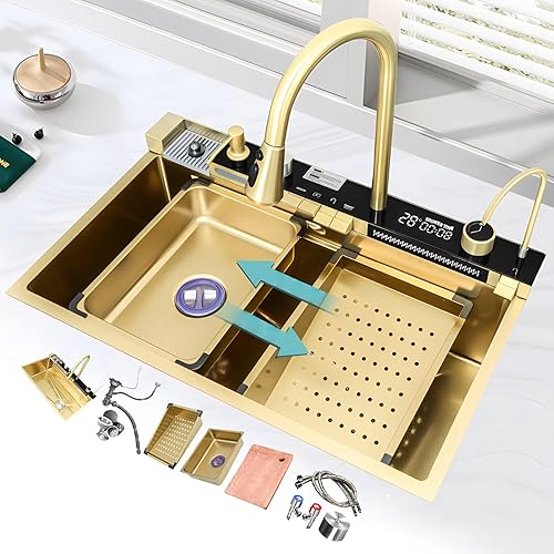 Lavello da incasso in acciaio inox, 1 vasca, 85 x 50 cm, colore nero, grigio, con design a cascata, rubinetto estraibile, stazione di lavoro e scolapiatti - Honorern