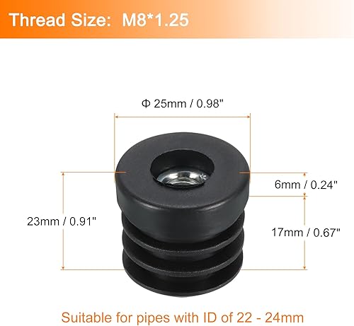 6pz Inserti per Tubi Tondi con Filettatura M8, per Tubi Rotondi 25mm/0,98' OD Tappi Gambe Mobili con Tappi Rotelle Plastica Spessa Nera Rotonda - Honorern