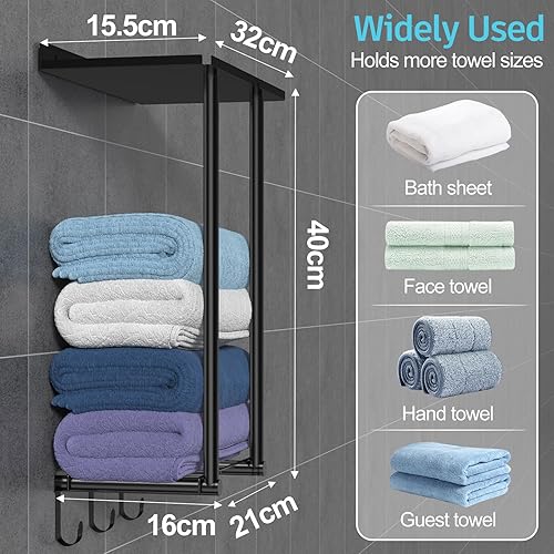 Porta Asciugamani Bagno Nero, Piantana Portasciugamani da Parete con 3 Ganci, Mensola per Cucine, Ospiti e Soggiorni - Honorern