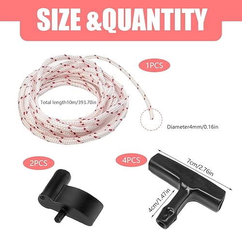 Corda di Avviamento, Corda di Avviamento per Tosaerba da 10mx4mm, Cavo di Avviamento in Nylon, con 4 Maniglia Universale per Avviamento a Strappo, per Tagliabordi Motoseghe da Giardino Tiller - Honorern