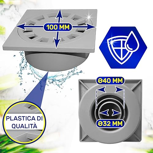 Piletta Doccia Pavimento 100 x 100 mm in Verticale con Griglia Quadra - Garanzia di 10 Anni - MADE IN ITALY - MONTERAL - Honorern