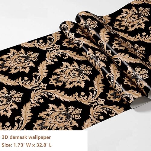 Carta da parati tessuto non tessuto damascata, stile europeo, colore nero e oro, adatta per salotti, stanze da letto, sfondi televisivi, 0,53 x 10 m (larghezza x lunghezza) = 5,3 m² - Honorern