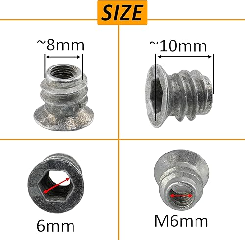 C65789 - Set di 50 dadi inserti esagonale M6x8mm cavi - lunghezza 10mm - bussola per avvitare - raccordo per montaggio mobili - armadio cassettiera - in acciaio - Honorern