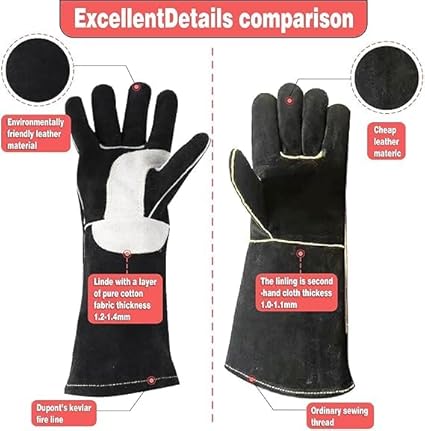 40cm, 500℃ Guanti da saldatura MIG in pelle, con cuciture in Kevlar resistenti al calore/al fuoco, rinforzi sul palmo, nero-grigio - Honorern