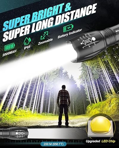 Torcia LED Potente Professionale, 2000 Lumen Torcia LED Potente, Torce LED Alta Potenza con 18650 Ricaricabile Batteria 5 Modes, Zoomable, IP65 Impermeabile, nero - Honorern