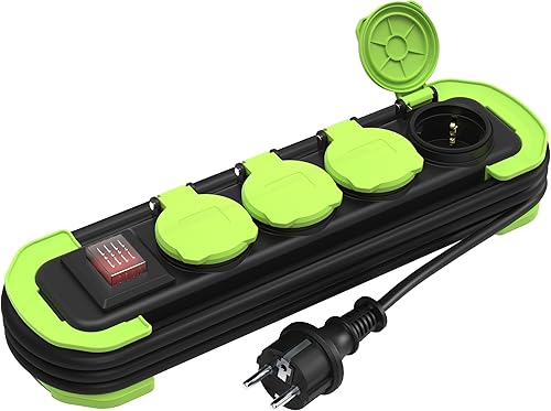 Ciabatta Multipresa schuko per esterno 4 prese IP44 con interruttore Presa multipla elettrica impermeabile, contatti protetti con coperture e cavo avvolgibile da 5m 16A/250V H05RR-F3G1,5 - Honorern
