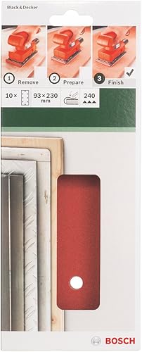 Bosch 2609256B06 - Fogli abrasivi per smerigliatrici a vibrazione AEG e Black & Decker, 93 x 230, 8 fori, grana 240, lotto di 10 fogli - Honorern