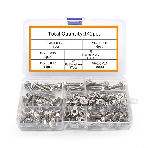 141PCS M6 Flangia Esagonale Viti E Bulloni Set di Viti In Acciaio Inox Kit di Fissaggio Esagonale Testa A Bussola Viti Assortimento Varie Misure - Honorern
