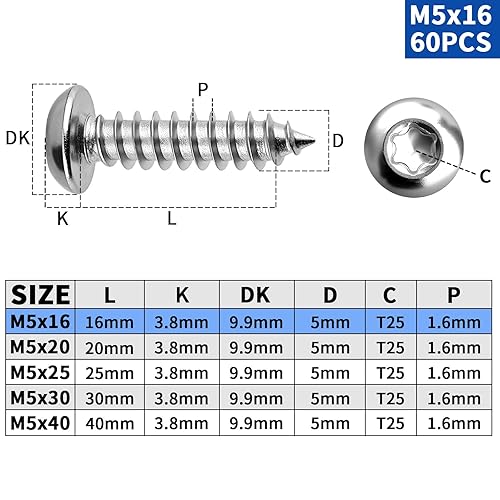 50 viti autofilettanti M5 x 40 mm, in acciaio inox, viti a testa piatta, per legno, filettatura completa, autofilettanti Torx, per viti spax, pannelli acustici (argento) - Honorern