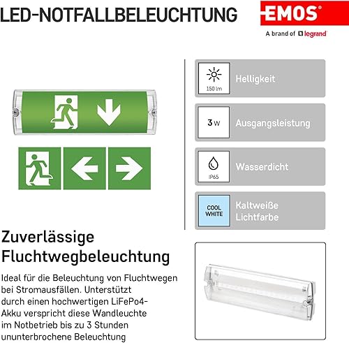 EMOS Illuminazione di emergenza a LED, luce di uscita di emergenza fino a 3 ore, modalità di emergenza con pulsante di prova manuale, batteria inclusa, lampada di emergenza per montaggio a parete, - Honorern