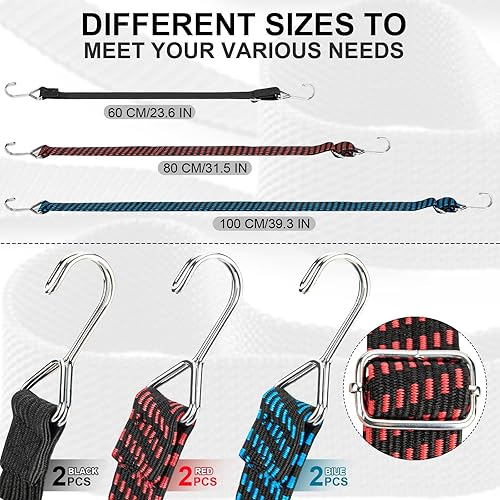 Set da 6 Corde Elastiche con Gancio, Cinghie Elastiche Regolabili in Gomma con Ganci, Ragni Elastici Militari, Corda Elastica Per Portapacchi, Auto e Bici, Teloni, Merci in Movimento, Teloni - Honorern