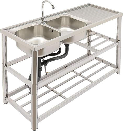 Lavabo indipendente in acciaio inox, 120 x 45 x 80 cm, doppio lavello da esterno con rubinetto e scarico dell'acqua calda e fredda, per esterni, interni, cucina, ristorante - Honorern