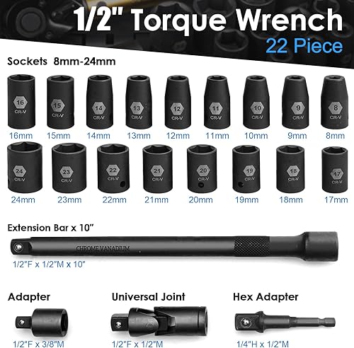 22 chiavi dinamometriche da 1/2', 10-227 Nm, set di chiavi dinamometriche a scatto con prese e adattatori, 1 ft.lbs Micro, cricchetto a 72 denti, testa a sgancio rapido, strumento dinamometrico - Honorern