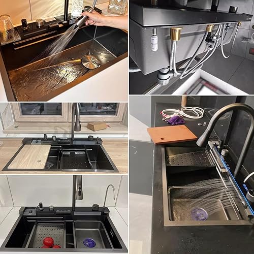 75x46cm Lavello Cucina in Acciaio Inox Multifunzione - Cascata lavandino Acqua, Rubinetto Estraibile, Tagliere Integrato, Dispenser Sapone, Sistema Drenaggio con Accessori per Incasso - Honorern