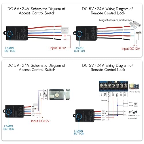 Interruttore di Telecomando Senza Fili 12V, Impermeabile Interruttore con Radiocomando Senza Fili DC 5V 12V 24V 10A 4 Canali Relè Ricevitore con 2 Trasmettitore per Porta da Garage, Lampada, Motore - Honorern