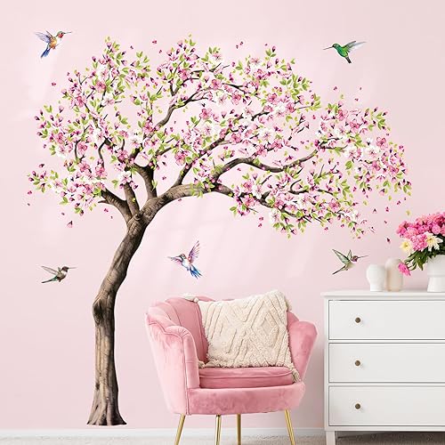 Supzone Adesivi Murali Fiori Decorazioni Muro con Alberi di Fiori di Ciliegio Realistici e Uccelli, Adesivi da Parete Autoadesivi Rimovibili per Soggiorno e Camera da Letto, Vetrofanie Primavera - Honorern