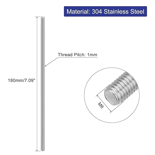 6pz Asta Filettata Intera, M6 x 180mm Acciaio Inossidabile 304 Borchie Barra Filettatura Destra M6-1 Filo di Pece per Assemblaggio Mobili Macchinari - Honorern