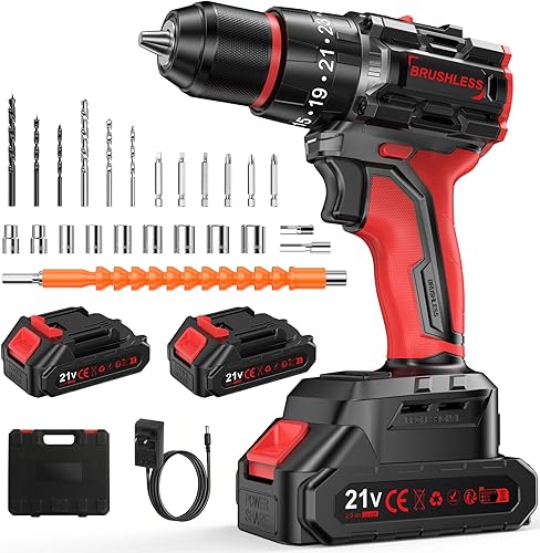 Brushless Trapano Avvitatore Batteria 21V, Avvitatore a Batteria Senza Spazzole, Trapano a Batteria Trapano Avvitatore a Percussione con 2 Batterie da 2.0Ah, 55Nm Max, 25+3 Coppia - Honorern