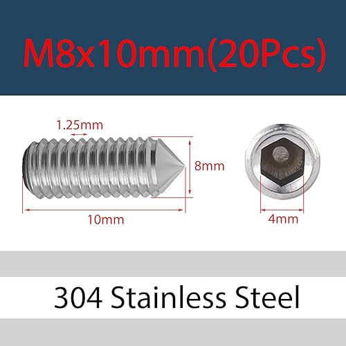 M8 x 8mm 20 Pcs Cono Punto Viti di arresto 12.9 Livello Acciaio legato Presa esagonale Viti Punta appuntita Allen Pomello - Honorern