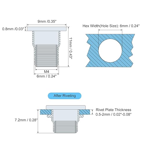 sourcing map Dadi M5 a metà esagonale per rivetti, 60 dadi filettati a testa piatta in acciaio inox 304 - Honorern