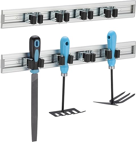Relaxdays Porta Utensili da Parete, Set da 2 Portattrezzi con 4 Ganci, Giardino e Garage, Barra in Alluminio, Argentato, 5,5 x 48,5 x 4,5 cm - Honorern